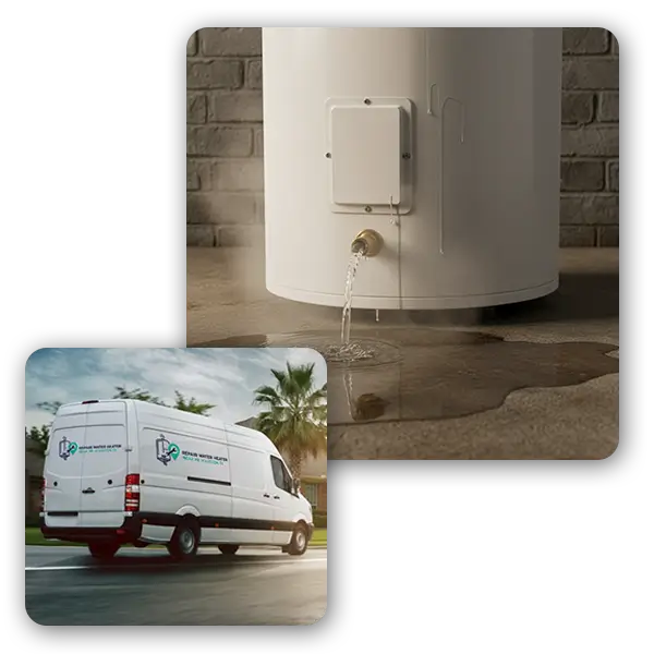 Leaking water heater and repair van in The Woodlands, Texas